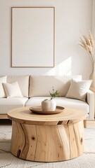 Beige, minimalist living room with a large, blank framed canvas and a unique wooden coffee table