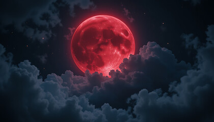 A vibrant, ominous red moon glows brightly behind dark, billowing clouds in the night sky.