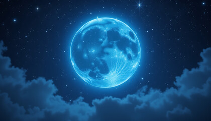 Obraz premium A luminous blue full moon shines brightly in a dark, starry night sky, above fluffy clouds.