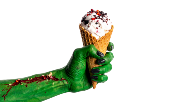 A spooky hand clutches a delectable ice cream cone, creating a fun contrast of textures and themes