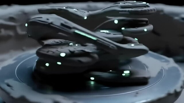 Futuristic Spaceship Landing with Grey Planet.
