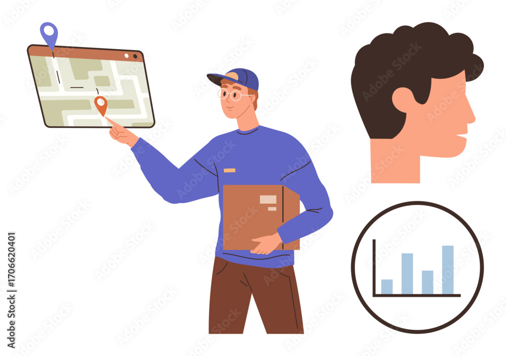 Poster man in cap holding box points to map with route, pin markers. nearby, graphs show data, and a custom