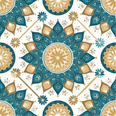 Seamless pattern of Teal blue gold mandala pattern seamless textile design for lifestyle.
