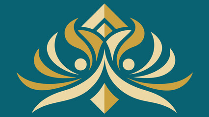 Elegant Gold and Beige Abstract Floral Emblem on Teal Background blue