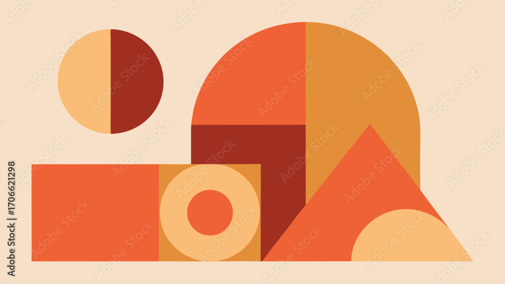 Poster geometric abstract composition with circles squares and triangles in warm tones shapes