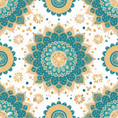 Seamless pattern of Teal blue gold mandala pattern seamless textile design for hobbies and leisure.