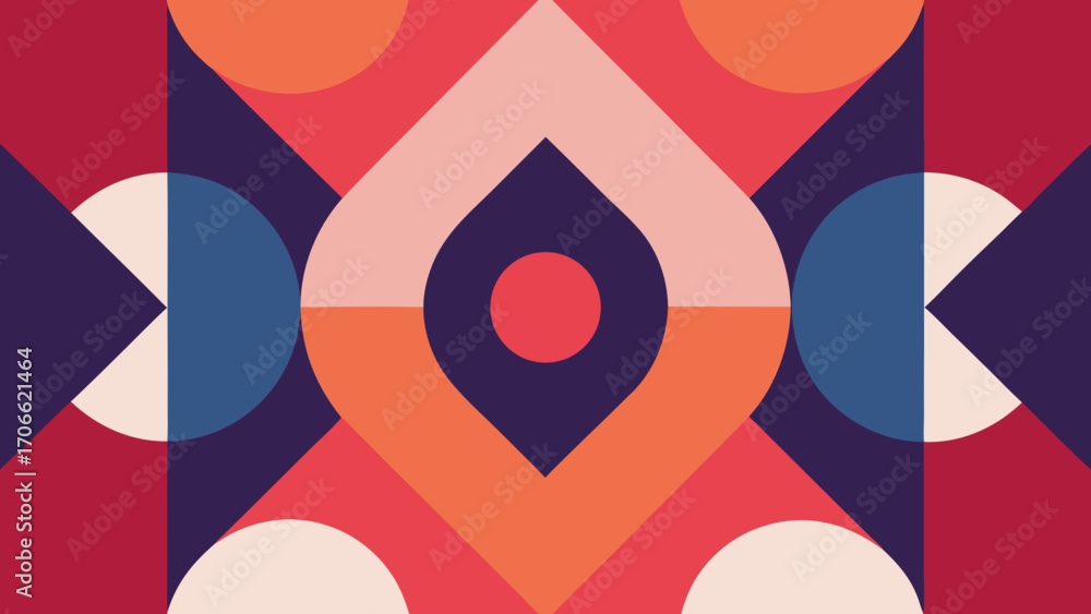 Poster retro geometric pattern with circles and arcs in red and blue abstract