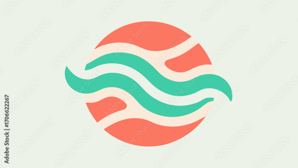 Aufkleber abstract circular design with wavy lines in coral teal and cream on light background pattern