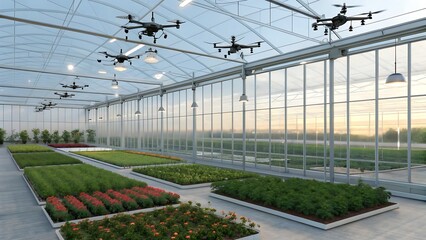 Multiple drones operating inside modern greenhouse farm
