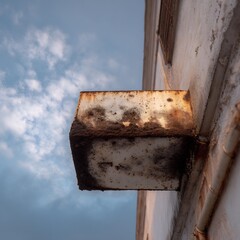 Low angle photo of building air duct visible soot and grime buildup rust stained edges where metal...
