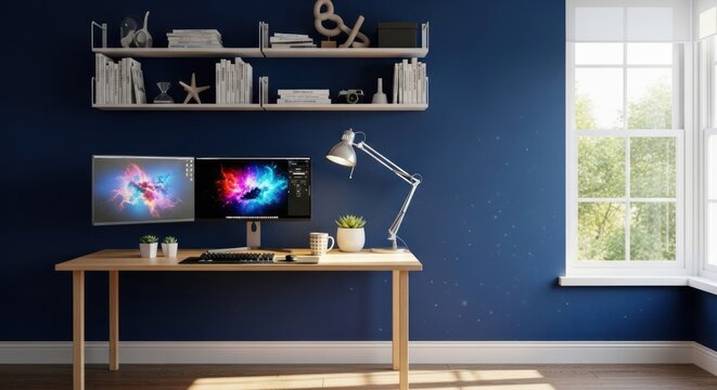 Modern workspace with dual monitors, blue wall, shelves, and natural light