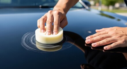 Man applying wax polish on a shiny black car hood.