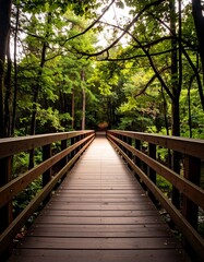 Wooden bridge path through lush forest