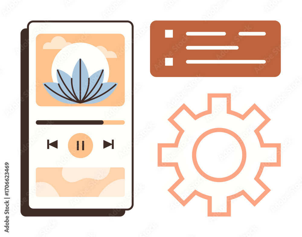 Poster smartphone screen displaying music player, gear icon representing settings, and a menu section with 