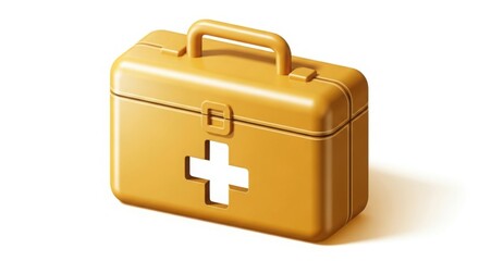 A yellow first aid kit with a white cross on a white background in a studio shot for medical use
