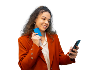 Woman wearing red jacket holding credit card, browsing online shopping website via smartphone against transparent background