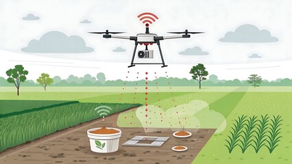 Drone flying above field with wireless connection signal