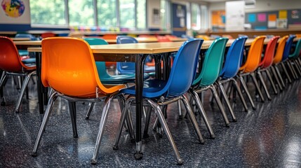 Rows of colorful plastic chairs under tables in a classroom