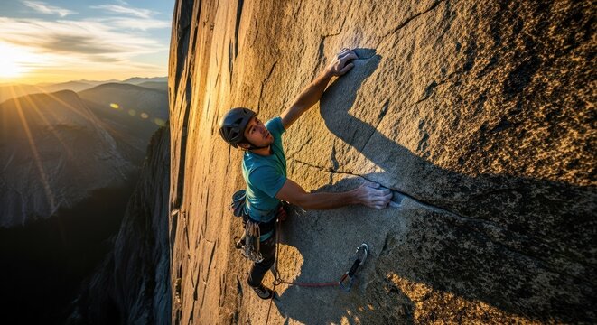 Rock climber on tall cliff face, sunset light