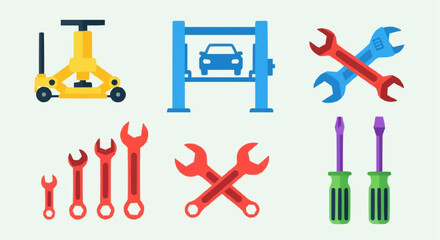 Obraz premium Automotive repair tools and equipment for car maintenance service including jack wrench and screwdriver set for mechanics vector
