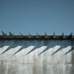 Low angle view of rooftop pigeon spikes casting thin shadows against wall urban bird deterrent...