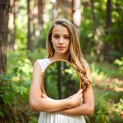 Young woman in white dress, holding oval mirror in forest