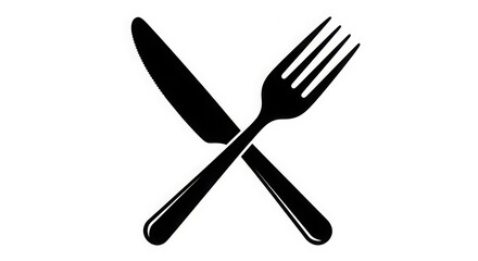 A black and white graphic image of a crossed knife and fork on a plain white background design icon