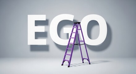 A purple ladder leaning against the word ego in white letters on a gray background in a studio setting