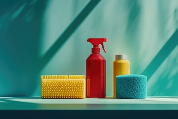 Cleaning supplies: spray bottle, scrub brush, sponge, and cleaning solution, arranged on a teal surface.