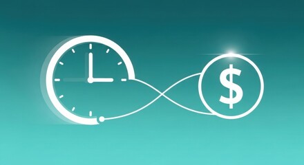 A clock connected to a dollar sign by an infinity symbol on a gradient teal background graphic design