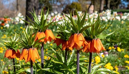 Vibrant orange fritillaries in a spring garden bed