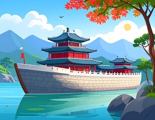 Asian palace ship on a lake, mountains