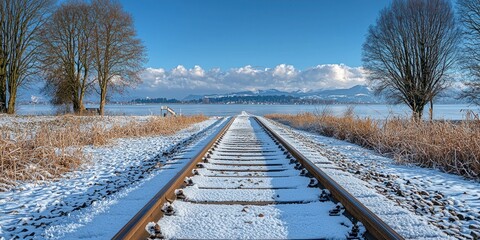 Snowy railroad tracks lead toward mountains across lake under bright sky