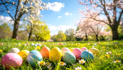 Colorful Easter eggs in a park, spring flowers, bright sunlight