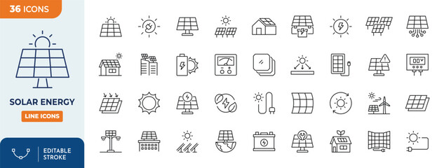 Solar Energy line editable icon set. Editable stroke. Vector illustration