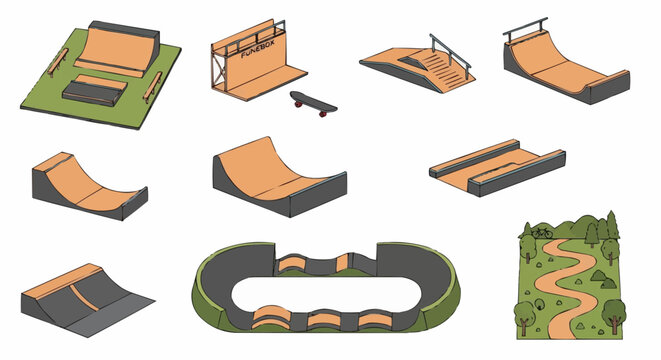 Explore skate park design ideas and layouts for your next project featuring ramps rails and funbox elements vector