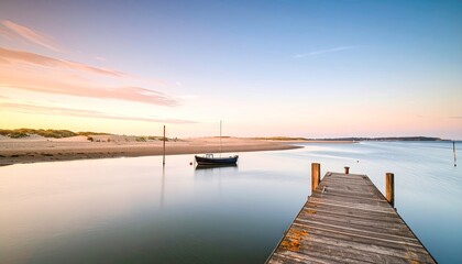 Obraz premium Serene Sunset over Calm Bay with Small Boat and Stone Pier