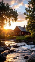 Rustic cabin by a flowing river at sunset