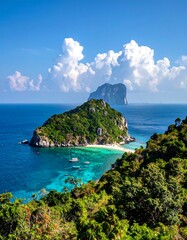 Tropical island paradise with turquoise water, lush greenery, and white sand beach