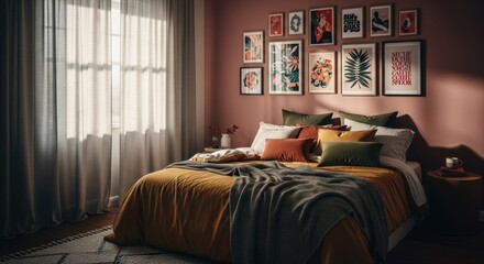 Sunny bedroom with art gallery wall, pink wall, and mustard and olive green bedding