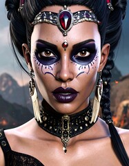 Intriguing woman with ornate jewelry and dramatic makeup