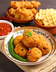 Spicy, golden-orange fritters, served with sauce and waffles