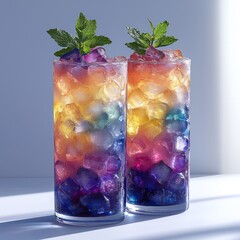 Two tall glasses filled with rainbow ice and mint sprigs, backlit