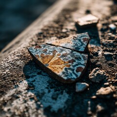 Macro close up of broken tile shard embedded sidewalk ceramic pattern fragment catching sunlight...