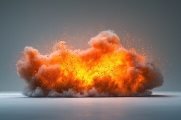 Vibrant orange cloud explosion with floating particles against a gray background