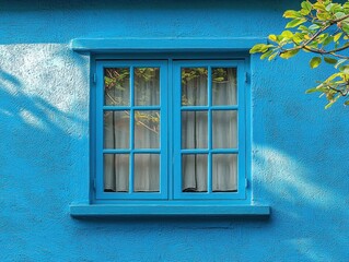 Vibrant blue stucco wall features a framed window with curtains and tree branch