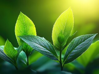 Vibrant green leaves bask in sunlight, symbolizing growth and freshness