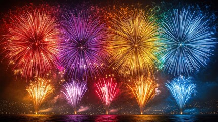 Vibrant fireworks display over water at night with colorful bursts