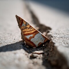 Macro close up of broken tile shard embedded sidewalk ceramic pattern fragment catching sunlight...