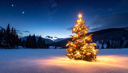 Illuminated Christmas tree in snowy landscape at night